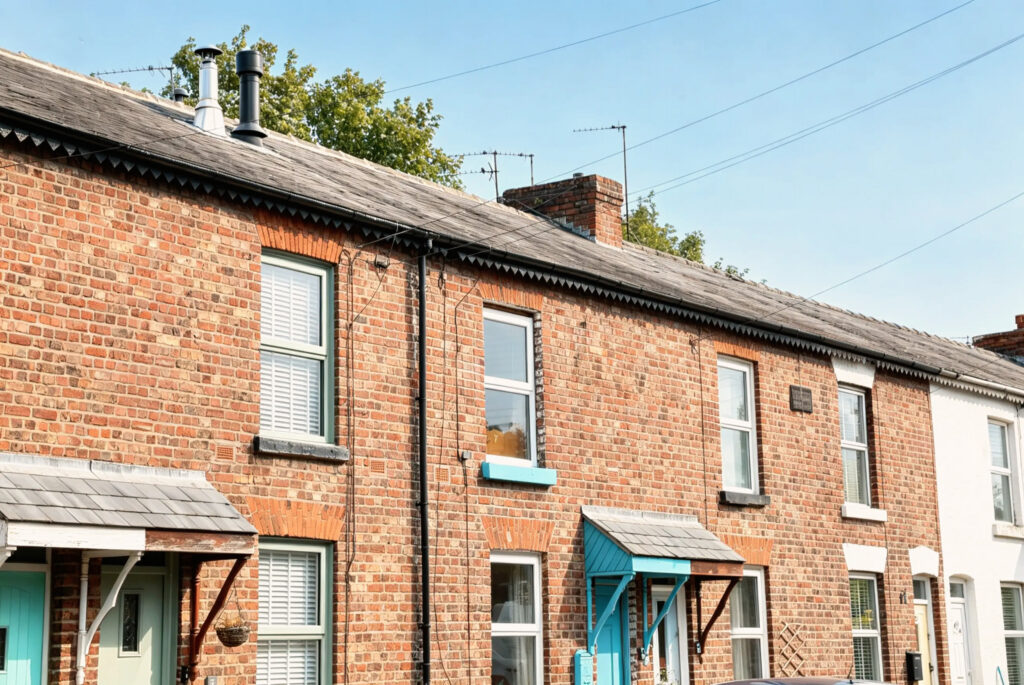 Row of brick houses with blue doors.